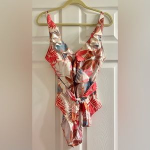 Pink Lily Floral Print one piece swim suit, Size L